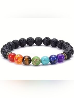 NWOT Black Lava Stone Chakra Bracelet with Multicolor Beads